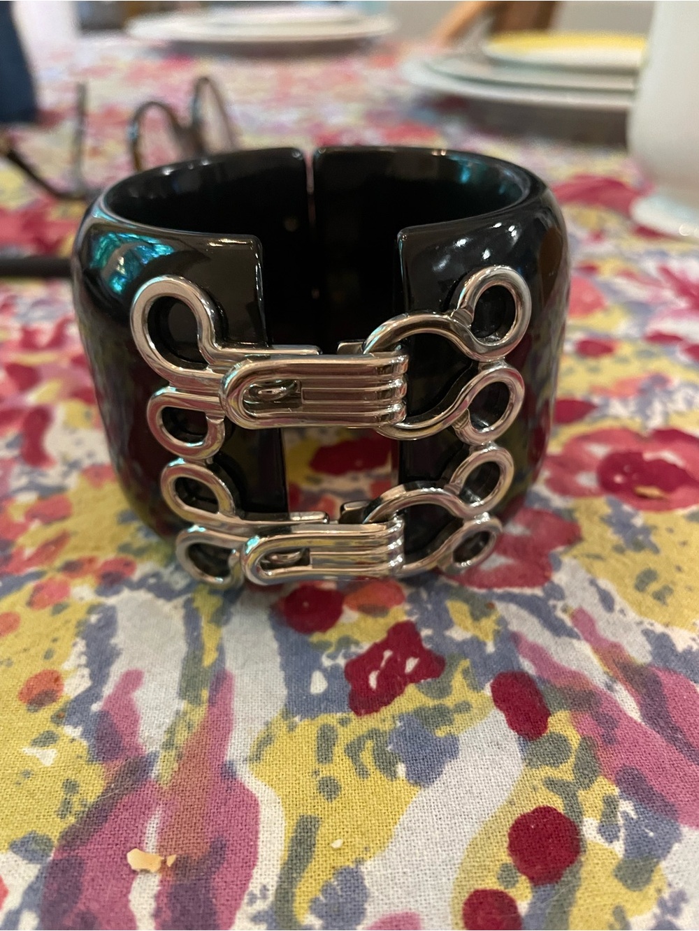 CHANEL Black Resin Cuff Bracelet with Silver-Tone Hook Details